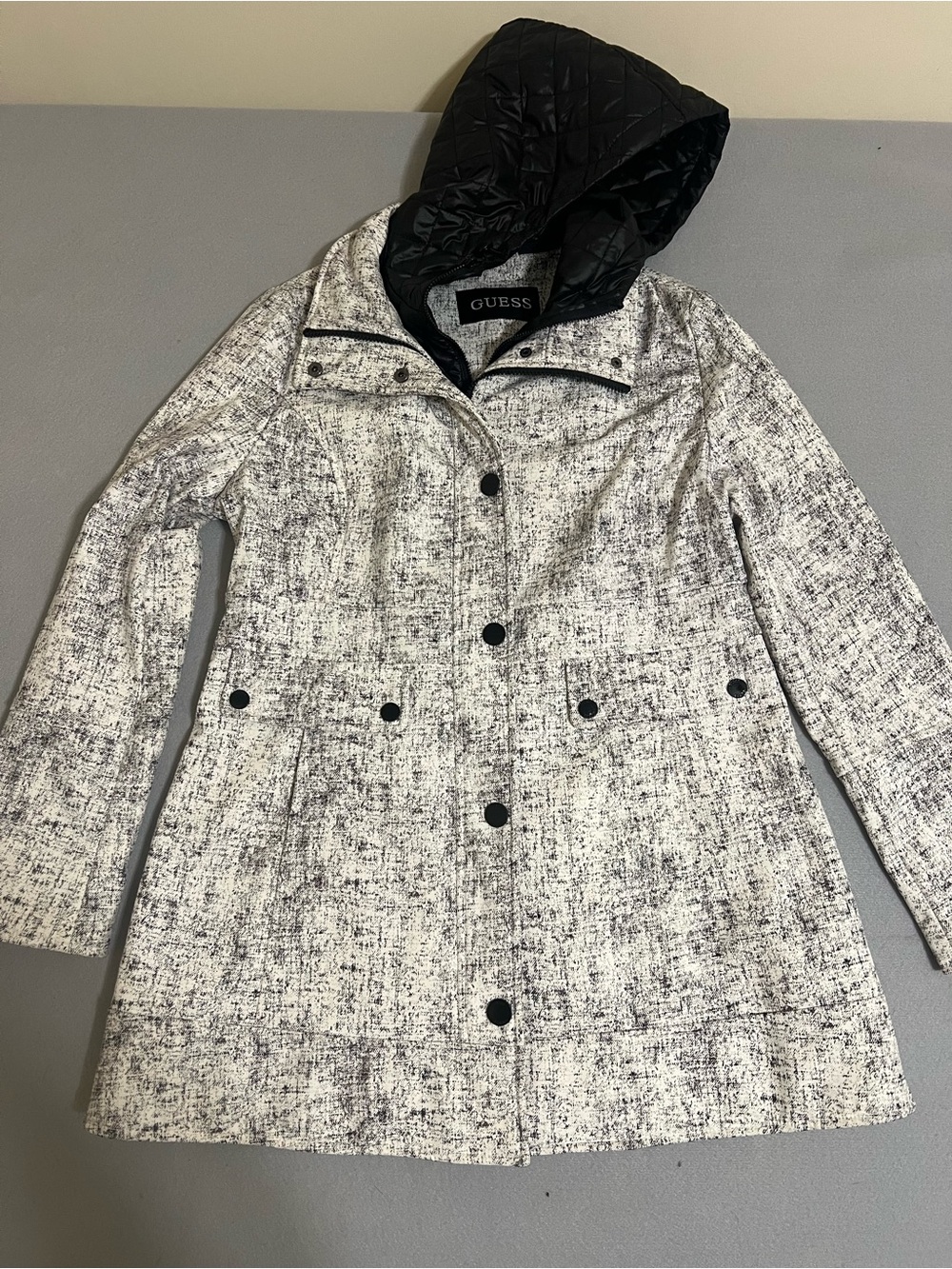 GUESS Black Hooded Tweed-Effect Trench Coat